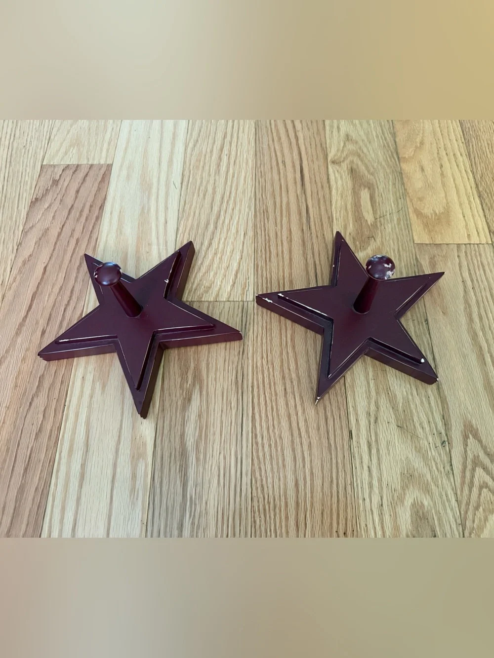 Pottery Barn distressed star shaped wall hooks maroon color 7”